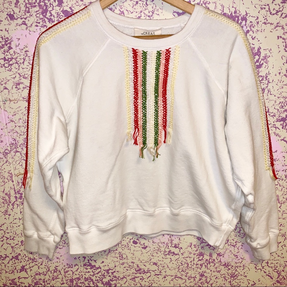 THE GREAT. Cream embroidered fringe pullover SZ 3